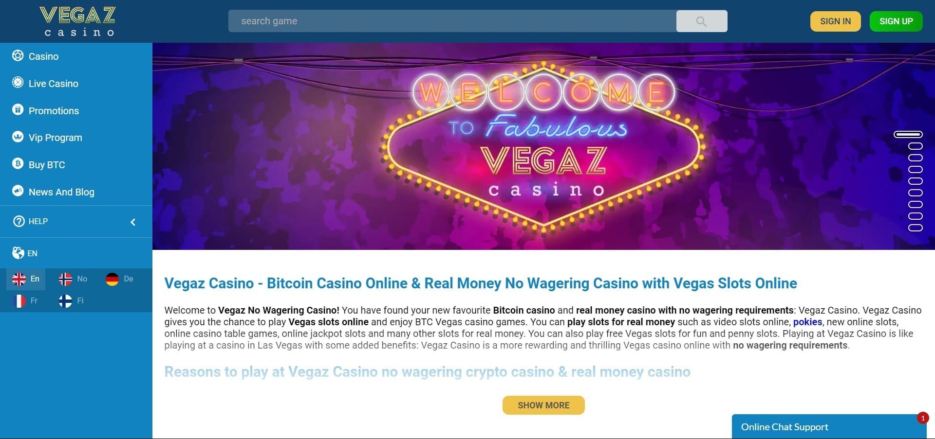 Επίσημος ιστότοπος της Vegaz casino